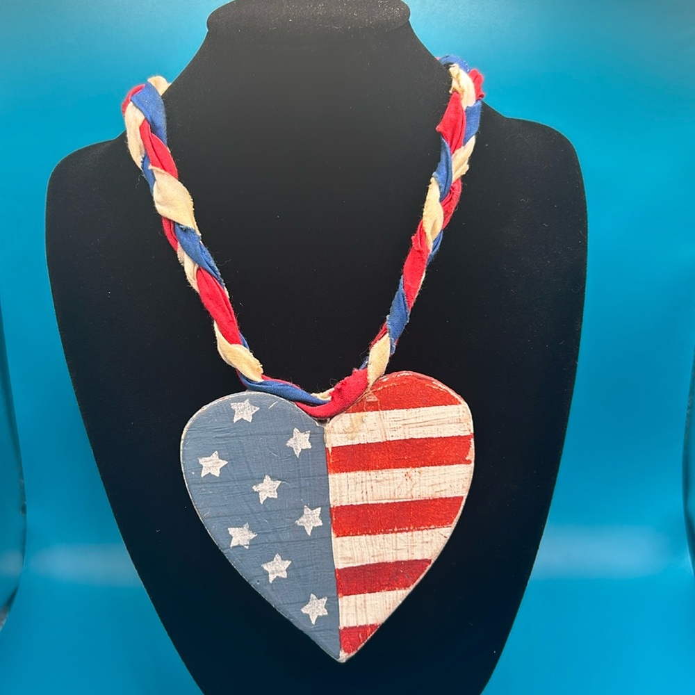 Hand painted Red, White & Blue Heart Necklace.